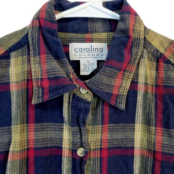 Vintage 90s Plaid Long Button Shirt Women XL Collar Top Work Casual 14 16 Spring - Picture 2 of 16